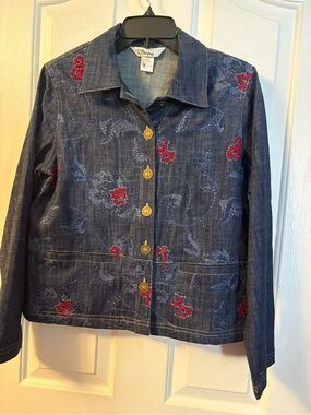 Embroidered Dark Blue Denim Jacket with Red Floral Accents